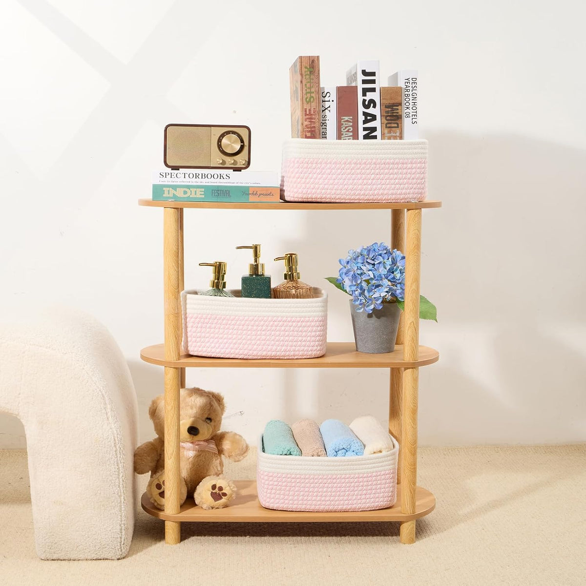 Small Storage Baskets for Organizing | Closet Organizer Bins | Shelf Toy Basket | Woven Rope Baskets | Cube Decorative Box | Shallow Basket | 11.5x7.5x4.7โ | 3 Packs White Pink