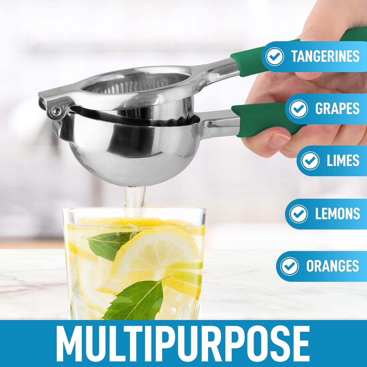 Zulay Lemon Squeezer Stainless Steel with Premium Heavy Duty Solid Metal Squeezer Bowl and Food Grade Silicone Handles - Large Manual Citrus Press Juicer and Lime Squeezer Stainless Steel (Green)