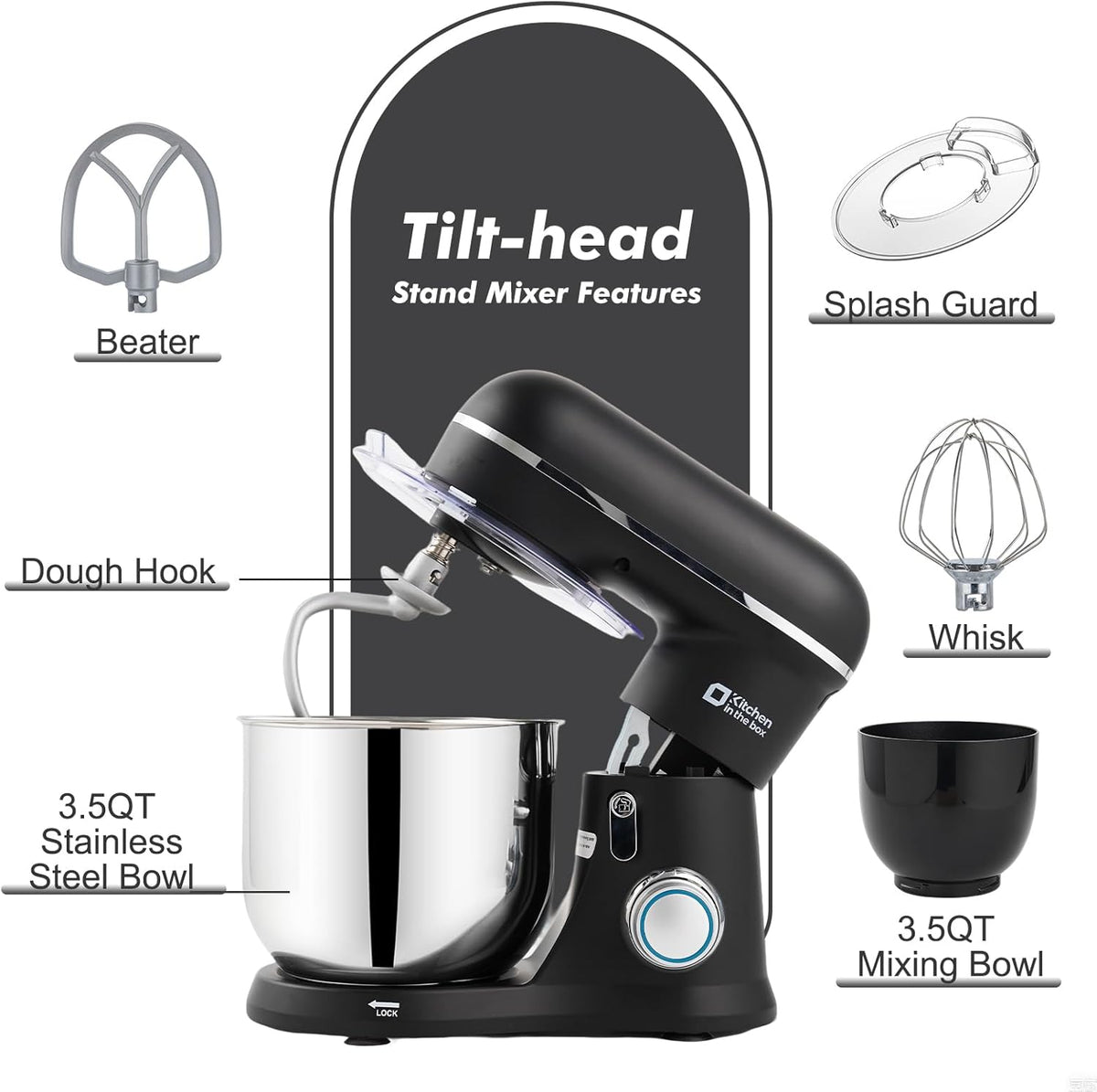 Kitchen in the Box Stand Mixer, 3.5QT Two Bowls Small Kitchen Electric Mixer, 10-Speed Portable Lightweight Matte Finish with Egg Whisk, Dough Hook, Beater (Onyx Black, 3.5QT)