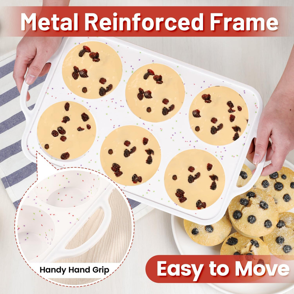 CAKETIME Large Muffin Pan Jumbo with Metal Frame 3.5 Inch Silicone Muffin Pan Nonstick 6 Cups for Baking Jumbo Muffin, Frittatas, Jumbo 1 Pack