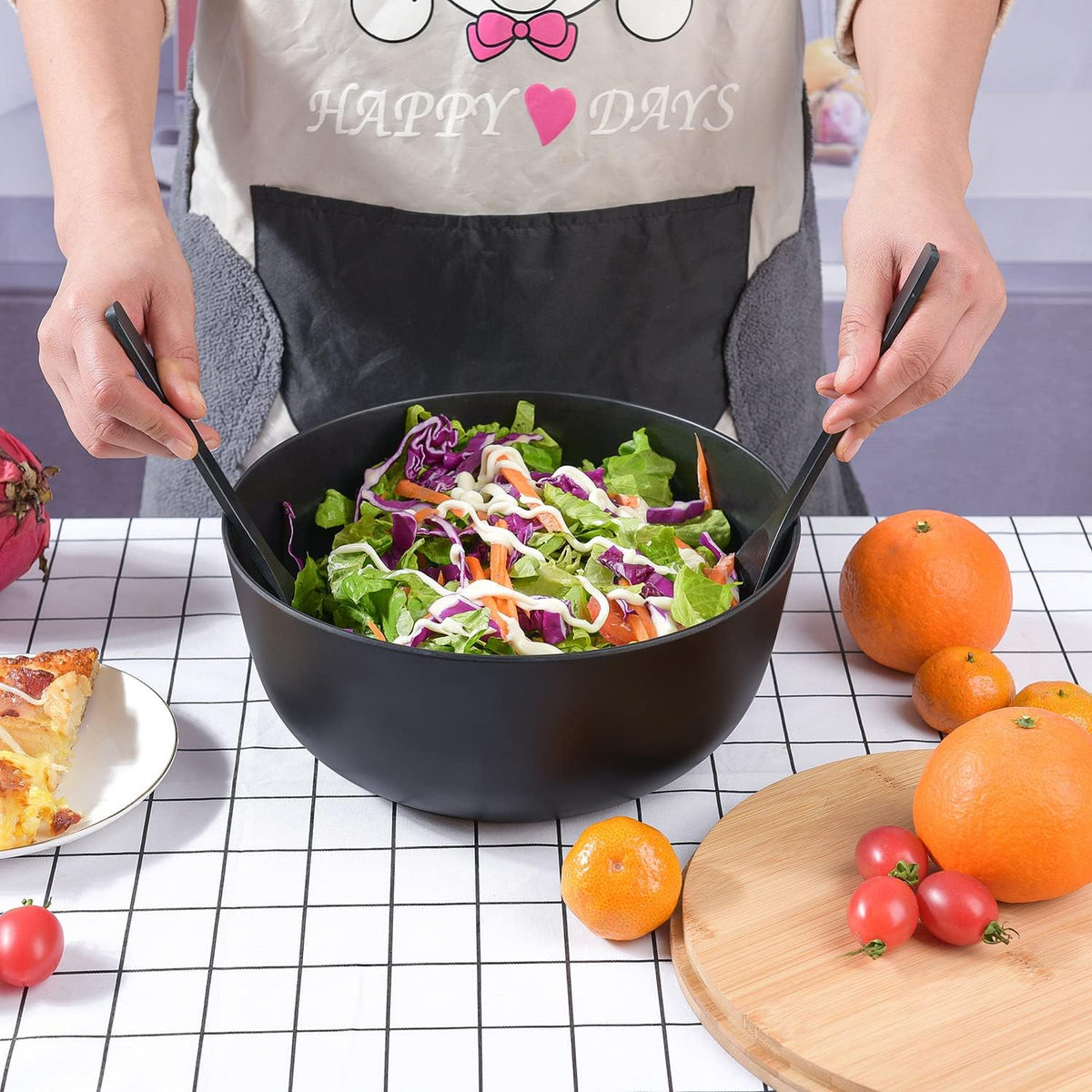 Bamboo Fiber Salad Bowl with Servers Set Large 9.8inches Nature Bamboo Mixing Bowl with Servers with Lid Spoon and Fork for Fruits,Salads and Vegetables