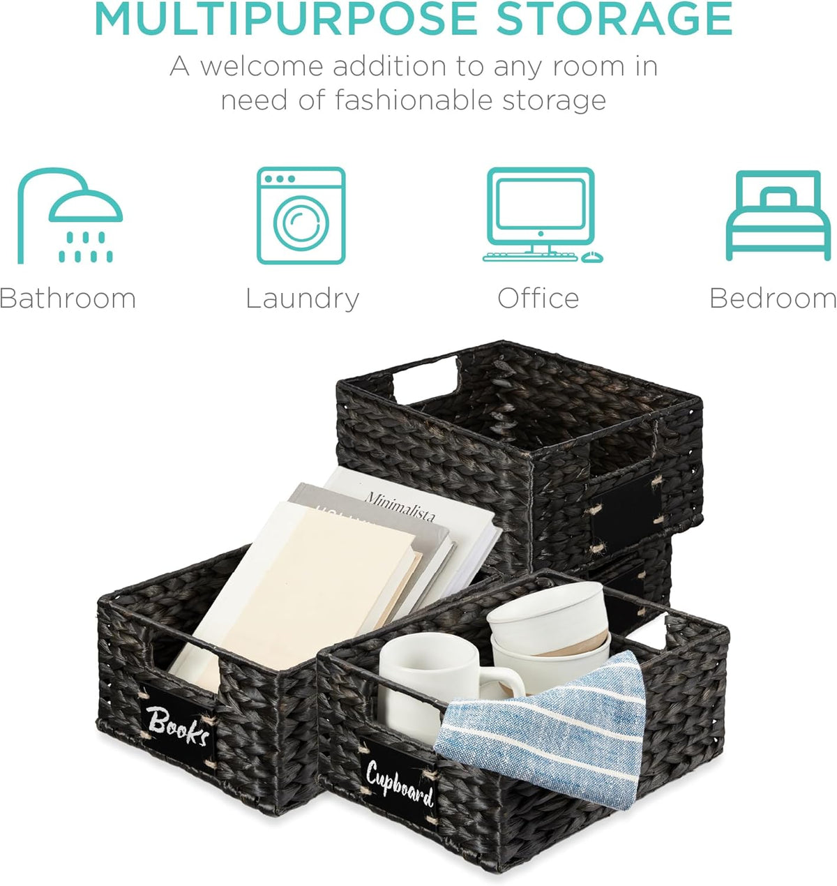 Best Choice Products Set of 4 9x12in Water Hyacinth Pantry Baskets, Woven Organizers w/Chalkboard Label, Chalk Marker - Black