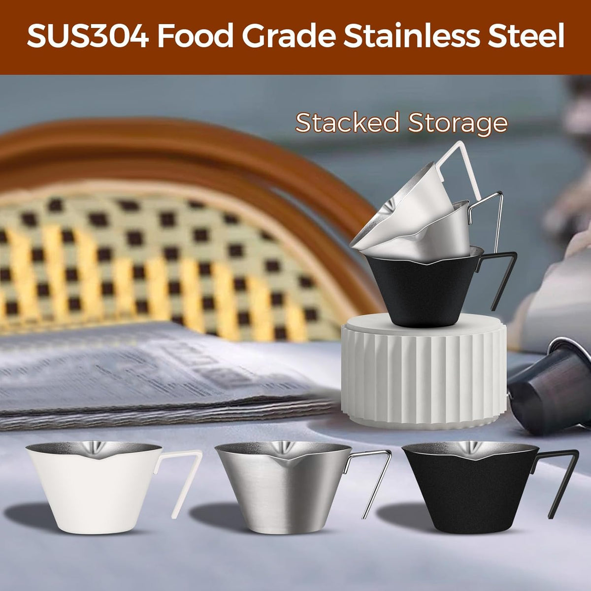 1Pc Stainless Steel Espresso Cups, Double Spout Metal Measuring Cup with Dual Scale, Espresso Shots Cup with Handle, Coffee Bean Weighing (Black), 3.4oz/100ml
