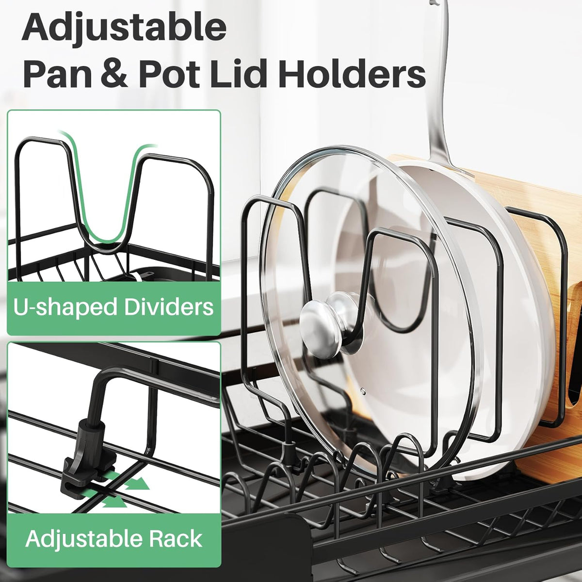 Large Dish Drying Rack - Expandable (19.3" to 29.4") Dish Rack for Kitchen Counter, Stainless Steel Dish Drainer with Utensil Holder, Pan Holder & Pot Lid Holder, Black
