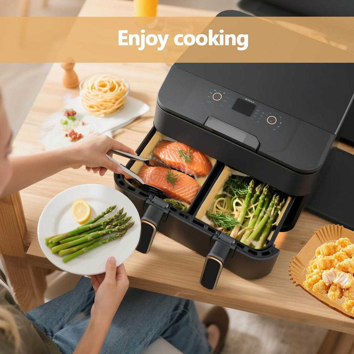 150 Pack 8.6x5.5" Air Fryer Liners, Parchment Paper Sheets For Ninja DZ201/DZ401 Dual Basket, Non-Stick, Disposable, Unbleached, Heat Resistant, Fits 3-6 QT Air Fryers, Oil-Free & Healthy Cooking.
