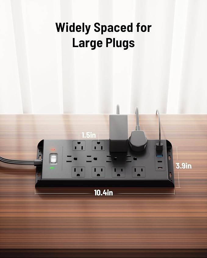 Surge Protector Power Strip 4800J, LeZone 15Ft Long Extension Cord Flat Plug, 12 Outlets 2 USB C 2 USB Ports, Wall Mountable, 20W Desk Charging Station, Black