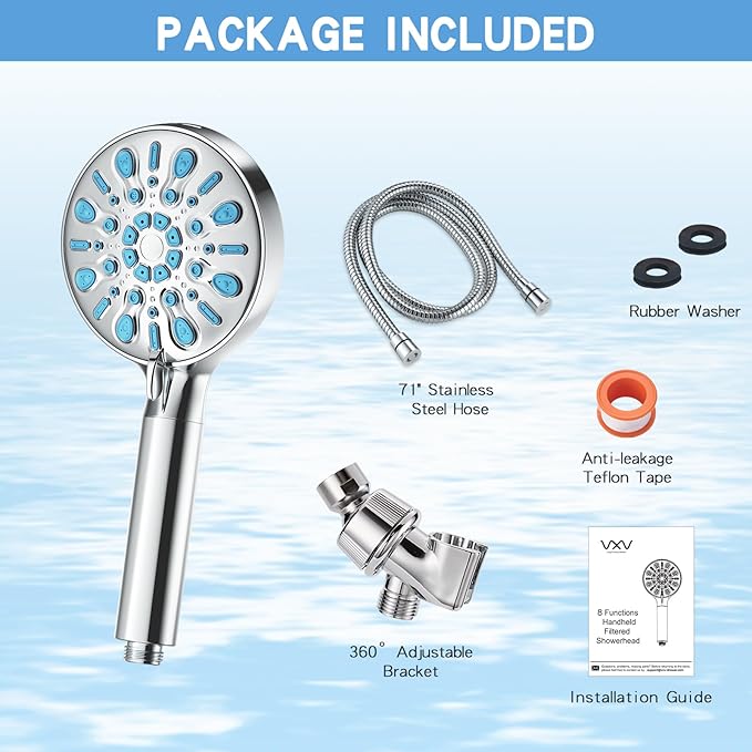 VXV 5 Inch Filtered Shower Head with Handheld, Removes Chlorine & Hard Water, High Pressure 8-Mode, Built in Power Wash, Showerhead with 71" Shower Hose & Shower Bracket(Chrome)