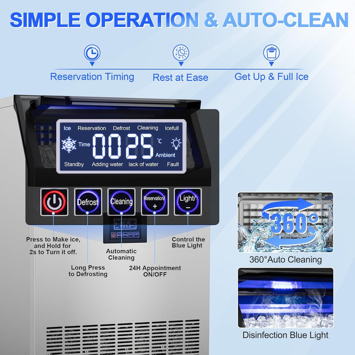 Commercial Ice Maker Machine 350Lbs/24H, 126pcs Ice Cubes Under Counter Ice Machine with Water Line and Filter, Freestanding Ice Maker Machine with 150Lbs Storage ice Bin for Home/Shop/Office/Bar