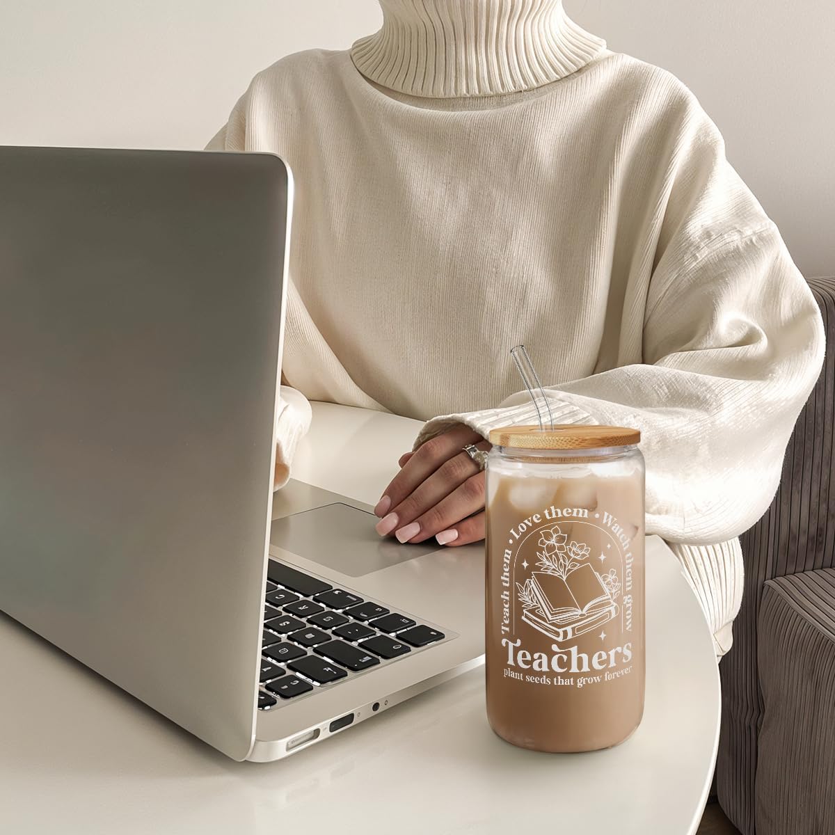 SANDJEST Teacher Glass Can, Teachers Plant Seeds That Grow Forever Cup with Lid & Straw, Coffee Aesthetic Cups, Gift for Christmas Teacher Appreciation, Gifts for Women, 16oz