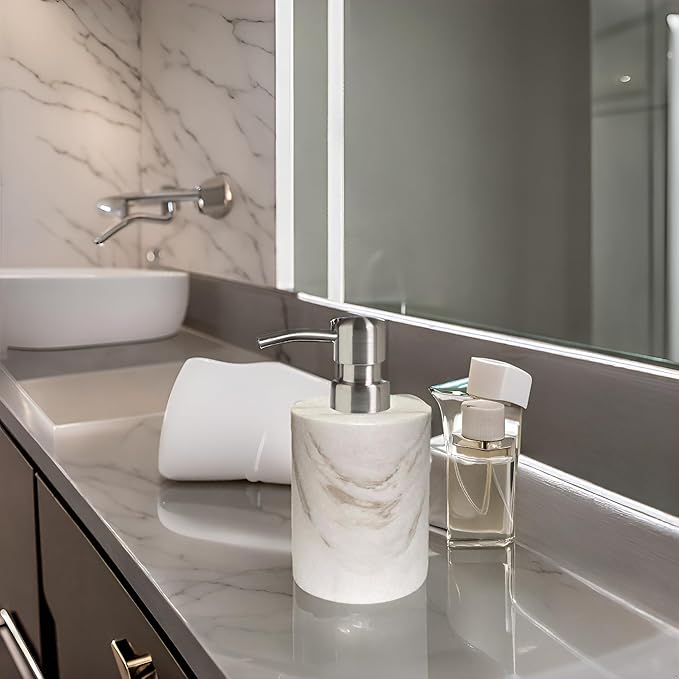 Marble Soap Dispenser, soap and Lotion Dispenser Bathroom, with Rust Proof Stainless Steel Pump Refillable for Kitchen Bathroom Countertop-Hand Lotion and Liquid Soap Dispenser-White