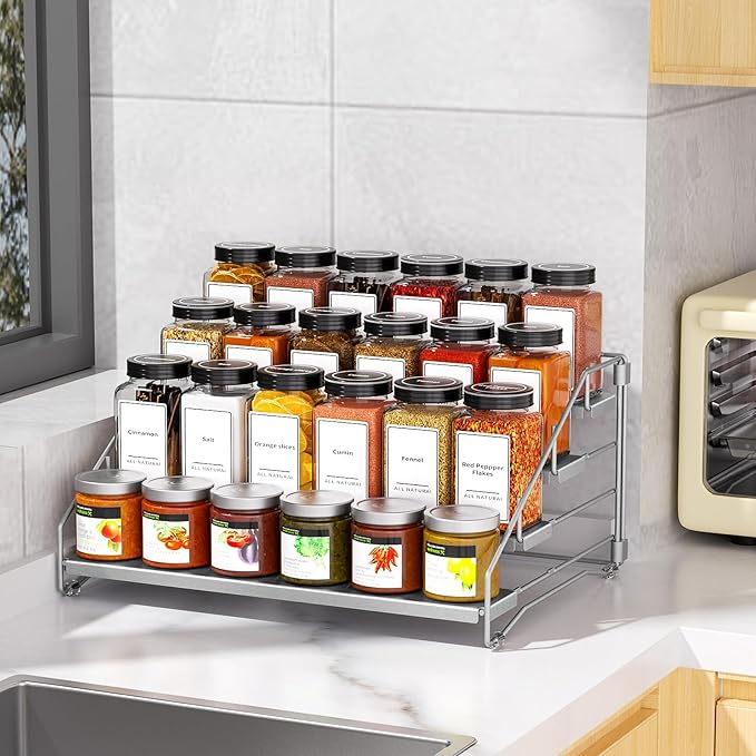 4 Tier Spice Rack for Cabinet, Spice Rack Organizer, Depth Adjustable Spice Organizer for Countertop, Cupboard, Pantry, Seasoning Shelf, Metal, Gray (1 Pack)