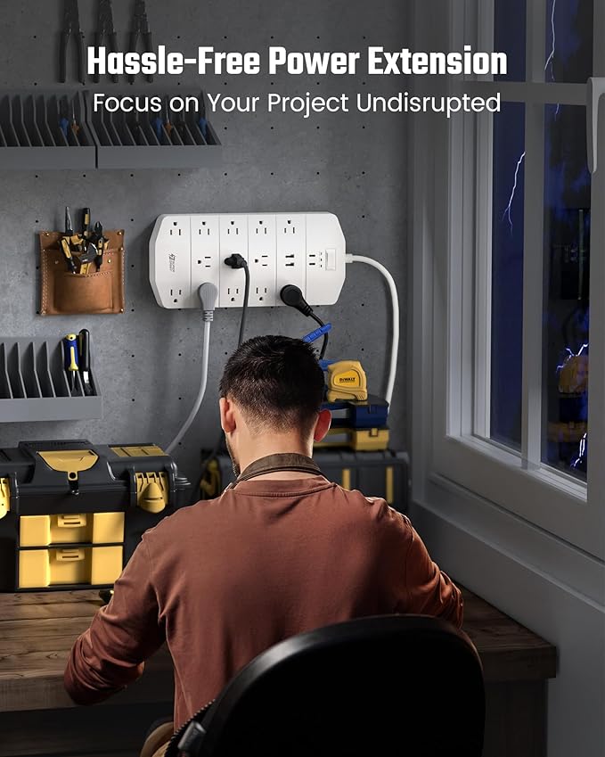 Power Strip,SUPERDANNY 5000 Joules Surge Protector with 13 AC Outlets 2 USB-A & 2 USB-C PD 20W Fast Charging Heavy Duty 14AWG/3C Industrial Grade 10ft Extension Cord for Workbench Home Office White