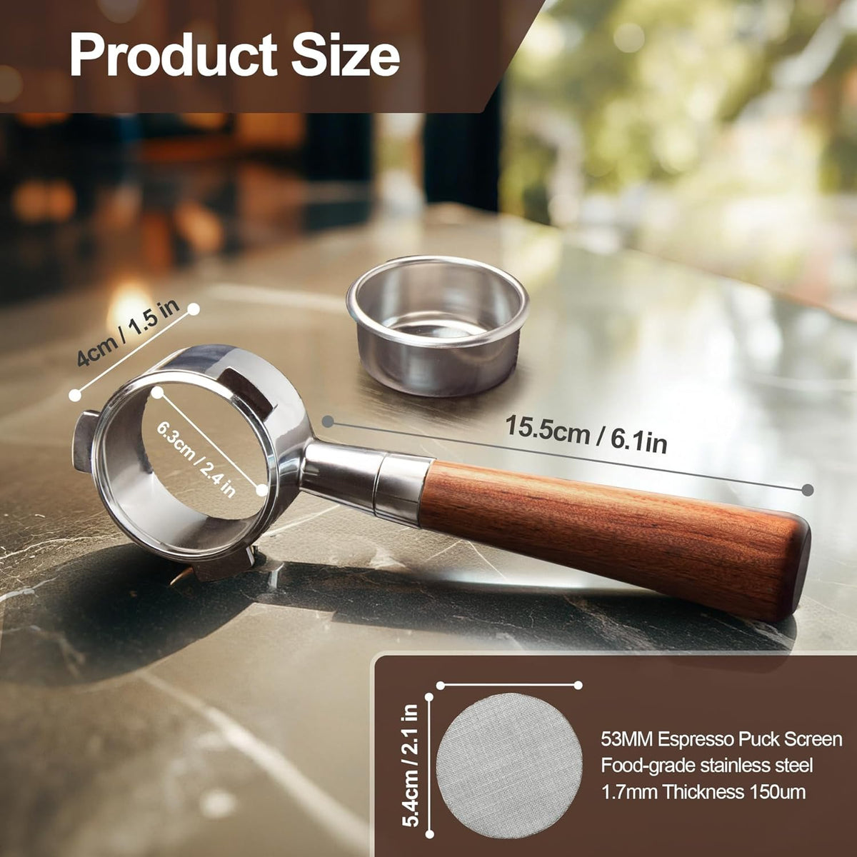 54 mm Bottomless Portafilter Compatible with Breville Barista Express Machines 3 Ears Espresso Portafilter with Puck Screen,Stainless Steel Porta filter, Rosewood Handle