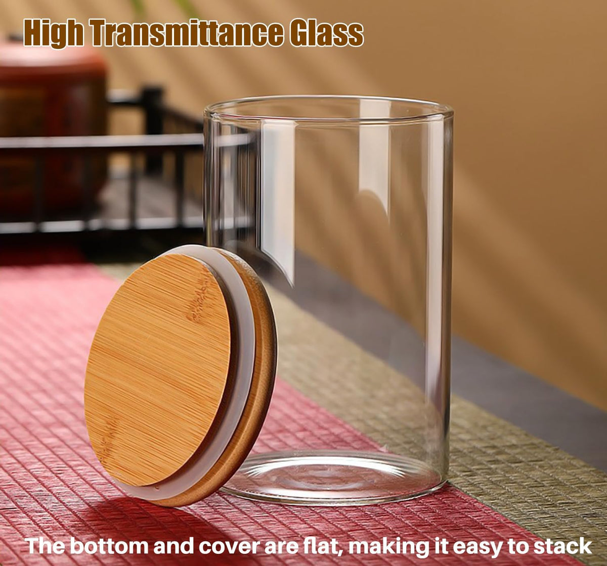 33 oz Glass Food Storage Jars with Airtight Lids, Clear Glass Jar with Bamboo Lid, Airtight Food Canister for Tea, Candy, Coffee, Sugar, Cookie, Snack. (Round | 5+6 Inch)