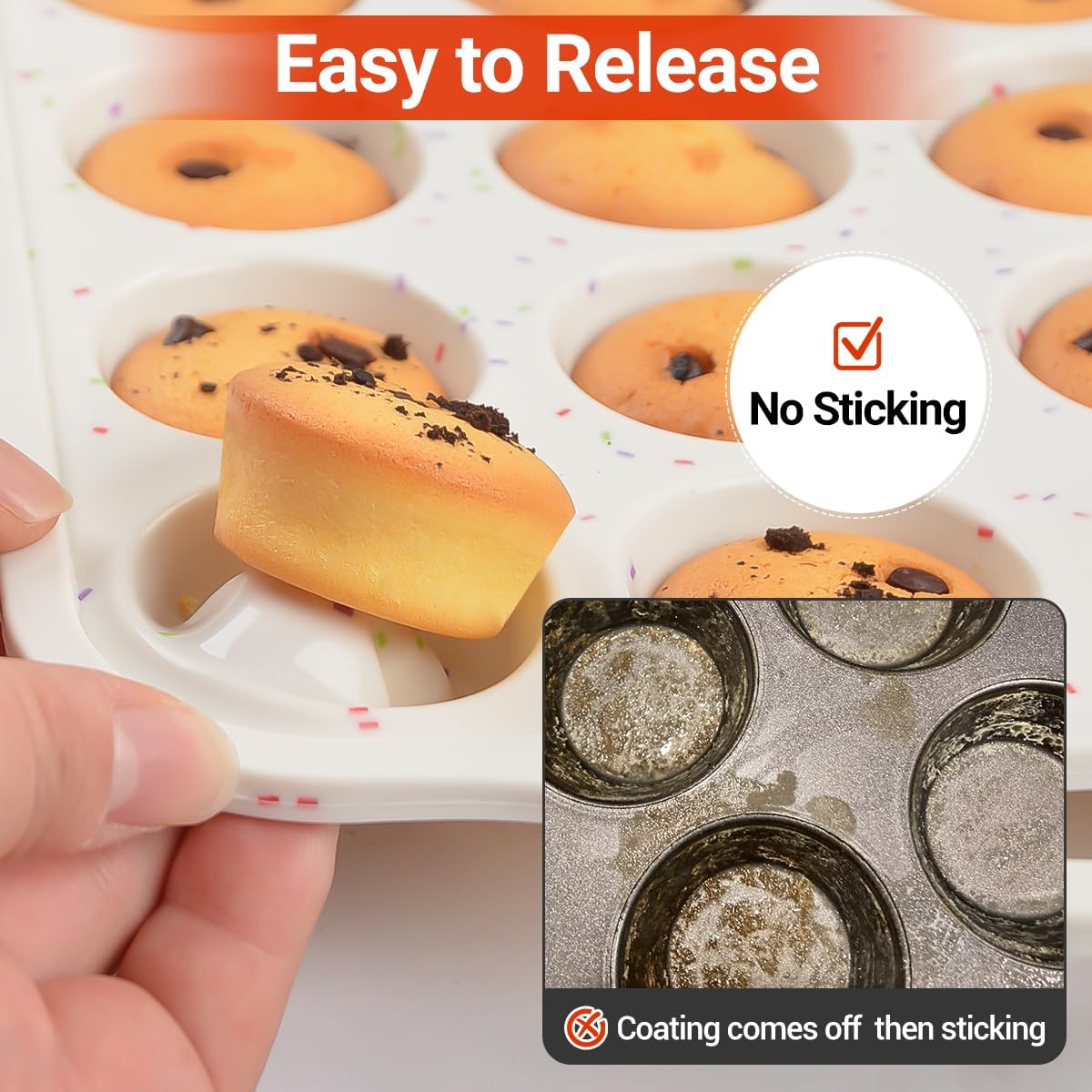 Silicone Muffin Pans for Baking, Metal Reinforced Frame Regular 12 Cups & Mini 24 Cups Cupcake Pan Set Nonstick Muffin Pan for Homemade Baking Easy to Handle