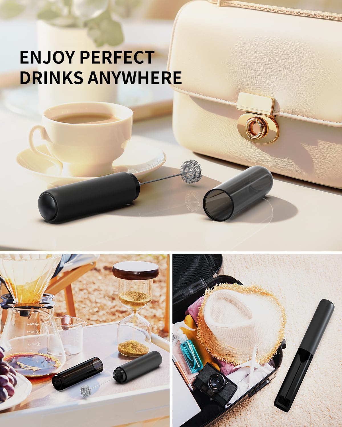 CIRCLE JOY Rechargeable Milk Frother Hanheld, Dual Spring Whisk Electric Coffee Frother, Portable Hand Frother Wand Drink Mixer for Matcha Lattes Cappuccino, Kitchen Gifts, Black