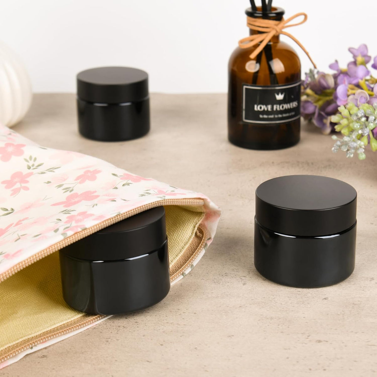 Glass Jars with Lids,Eco-Friendly Cosmetic Containers with Airtight Black Lids & Liners, Multi-Color Options for Cream, Lotion, Body Butter, DIY Skincare Travel Jars (Black, 2oz)