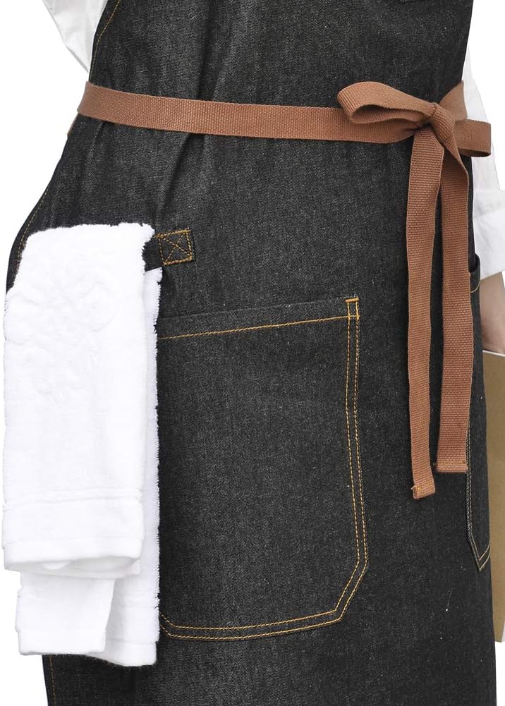 Denim Chef Apron with Pockets, Mens Womens Professional Kitchen Bib Black Apron for Cooking Grill BBQ Server, with Towel Loop and Adjustable Neck Straps