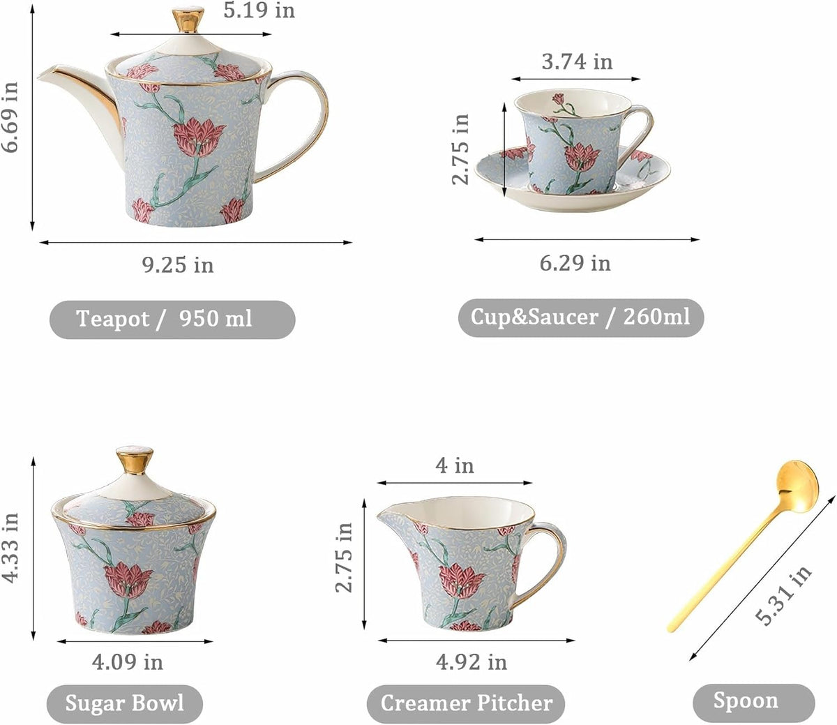 ACMLIFE Tea Set for Adults- Fine China Tea Set for 6, 21-Piece Vintage Coffee Set English Porcelain Tea Pot Sets for Adult Tea Party for Women Gift (Tulip Blue, Extra Large 21)