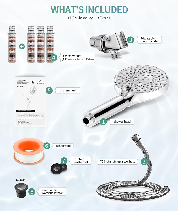 Filtered Shower Head with Handheld, High Pressure 9 Spray Mode Chrome Showerhead with 4 Filters, Detachable Shower Head, Water Softener Filters Beads for Hard Water - Remove Chlorine