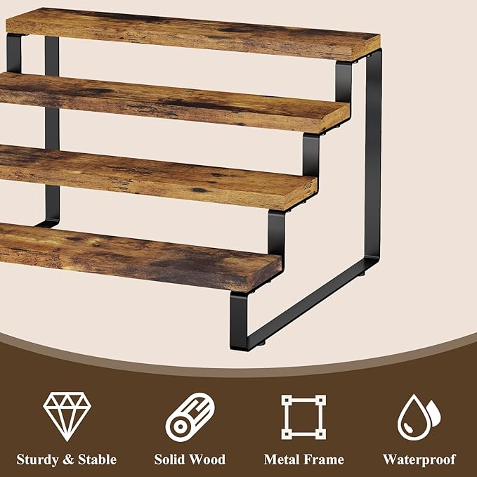Spice Rack Organizer for Cabinet, 4 Tier Wooden Display Riser Stand, Rustic Cologne Stand for Men, Tiered Perfume Holder, Display Shelf for Candles