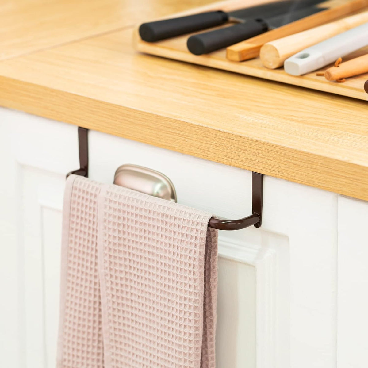 2 Pieces Metal Towel Bar Kitchen Cabinet Steel Towel Rack Bar for Hanging on Inside or Outside of Doors, Home Kitchen Bathroom(Brown)