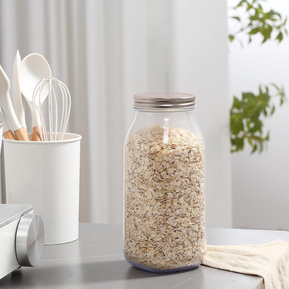 novelinks 64 oz Large Plastic Jars with Metal Lids - 4 Pack BPA-Free Clear Storage Containers for Pantry, Pickles, Sauces, Flour, Snacks - Leak-Proof Airtight Food Grade Jars for Kitchen (Rose Gold)