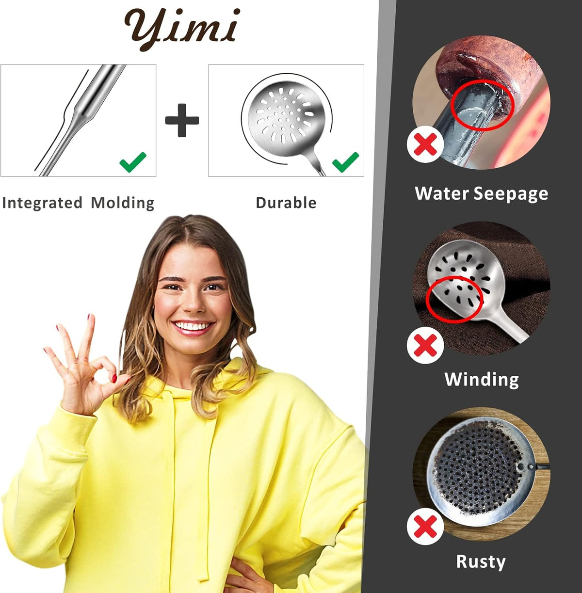 Yimi Cooking Skimmer Slotted Spoon, Durable 304 Stainless Steel Frying Strainer Ladle with Vacuum Ergonomic Handle, Heat Resistance Fryer Scoop Kitchen Utensil, Ideal for Gift, 14.8 Inches
