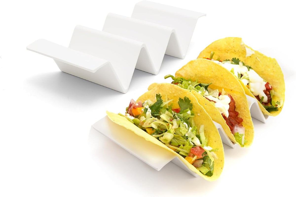 TP Taco Holder Stands, Set of 2 Melamine Large Taco Serving Rack Tray with Handle, Holds 3 Tacos, Dishwasher Safe, Ideal for Taco Night, Party, Home, Fiesta, White