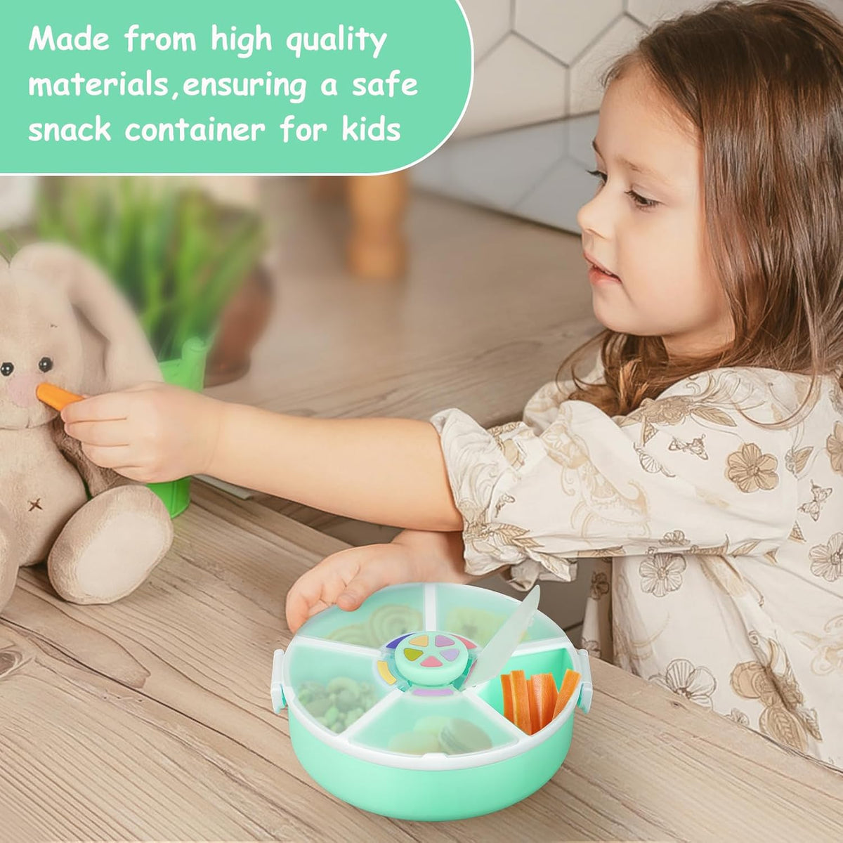 Snack Spinner Set for Kids – 2-Pack, Includes Rotating Snack Container & Classic Sectioned Snack Box, BPA-Free, Dishwasher Safe, Perfect for Travel, Green