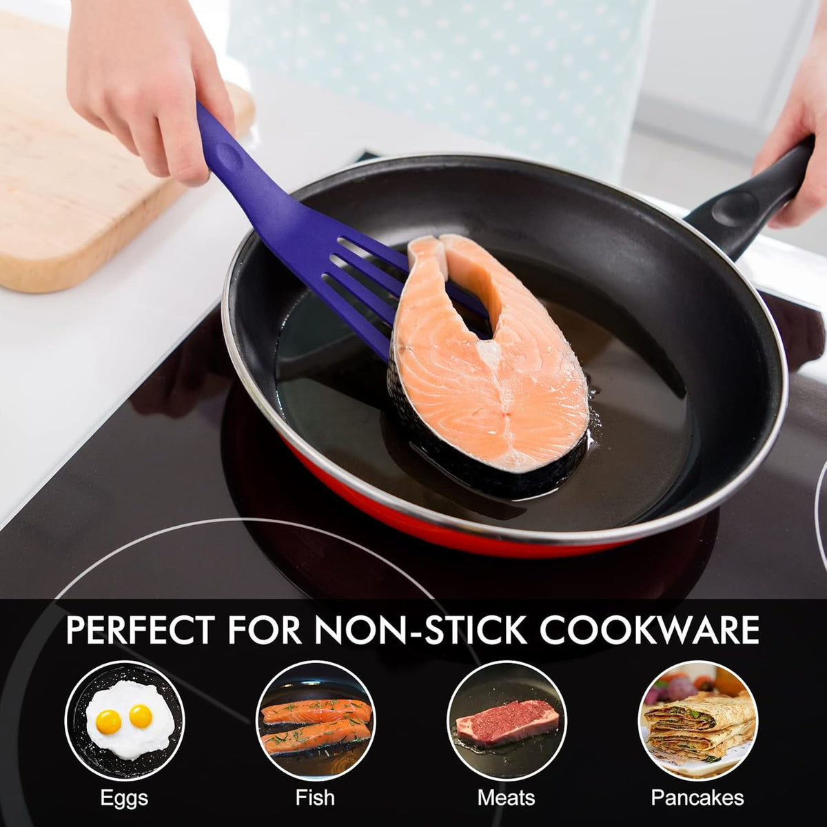 HOTEC 600℉ Heat Resistant Silicone Slotted Fish Turner Spatula Set, BPA Free Kitchen Cooking Spatulas, for Non Stick Cookware Dishwasher Safe Classic Blue, set of 2