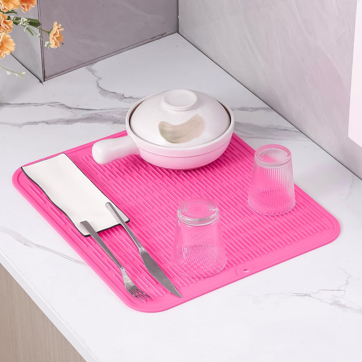 Silicone Dish Drying Mat for Multiple Usage,Easy clean,Eco-friendly,Heat-resistant Silicone Mat for Kitchen Counter or Sink,Refrigerator or Drawer Liner Rose XL 18 inches x 16 inches