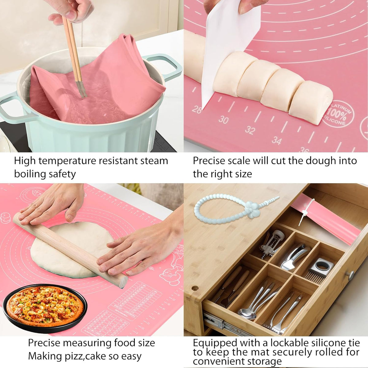 Silicone Pastry Mat 32" x 24" Extra Thick Non Stick Baking Mat with Measurements and Edge Heightening, Food Grade Silicone Rolling Mat for Pastry, Bread, Cookies, Pizza, Fondant, Pasta - Pink