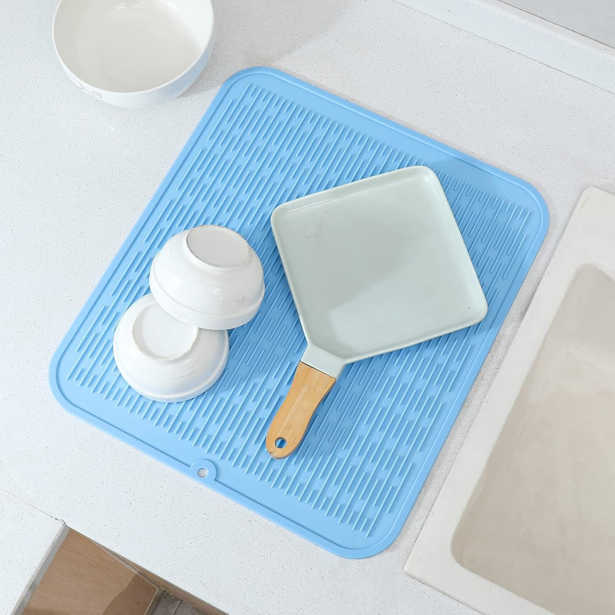 Silicone Dish Drying Mat for Multiple Usage,Easy clean,Eco-friendly,Heat-resistant Silicone Mat for Kitchen Counter or Sink,Refrigerator or Drawer Liner Light Blue 2XL 24 inches x 18 inches
