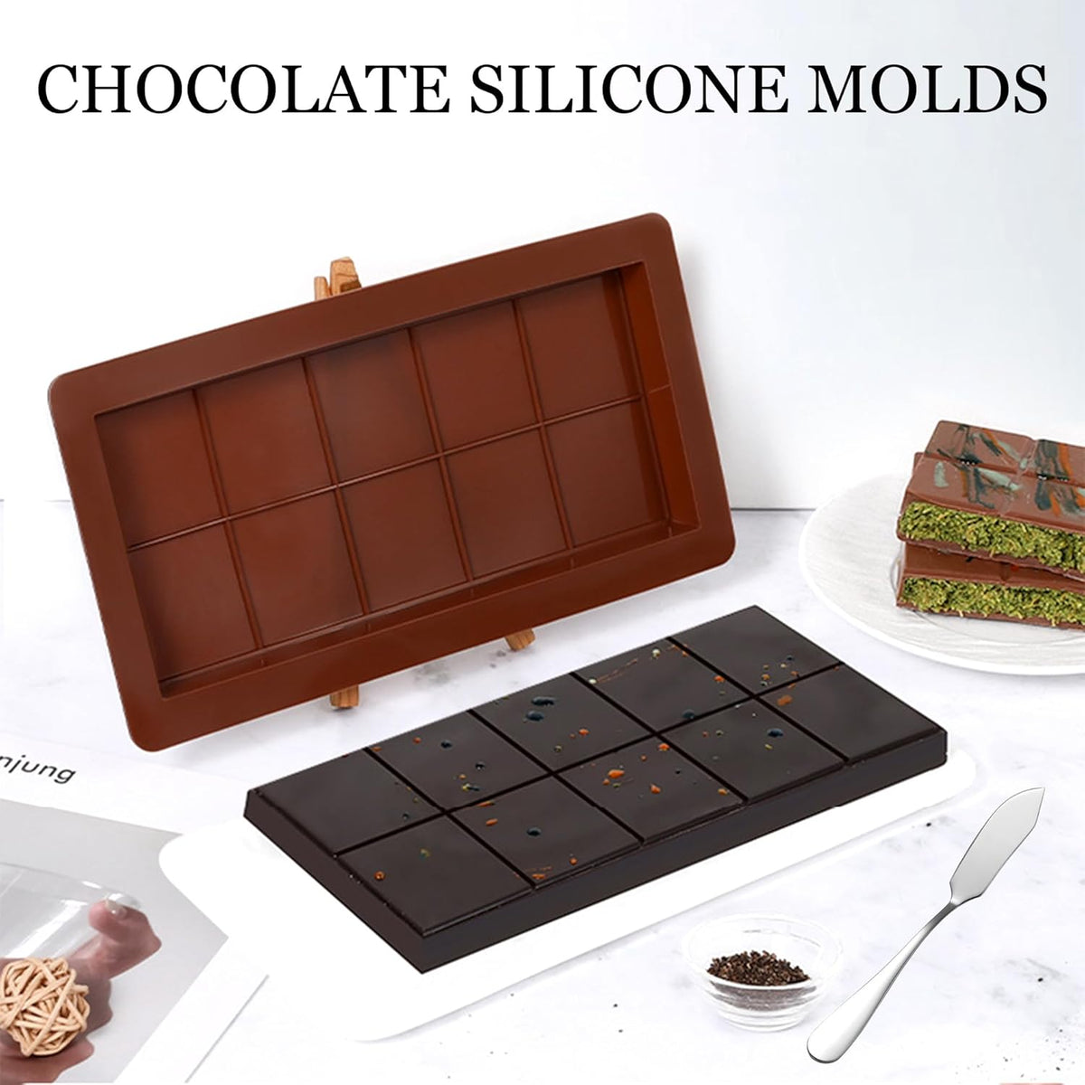 3 PCS Silicone Chocolate Bar Molds with 1 spatula,3/4 Inch Thick Non-Stick Chocolate Mold,Large Deep Cavity Chocolat Silicone Mold for Stuffed Chocolate Bars Knafeh Pistachio Chocolat