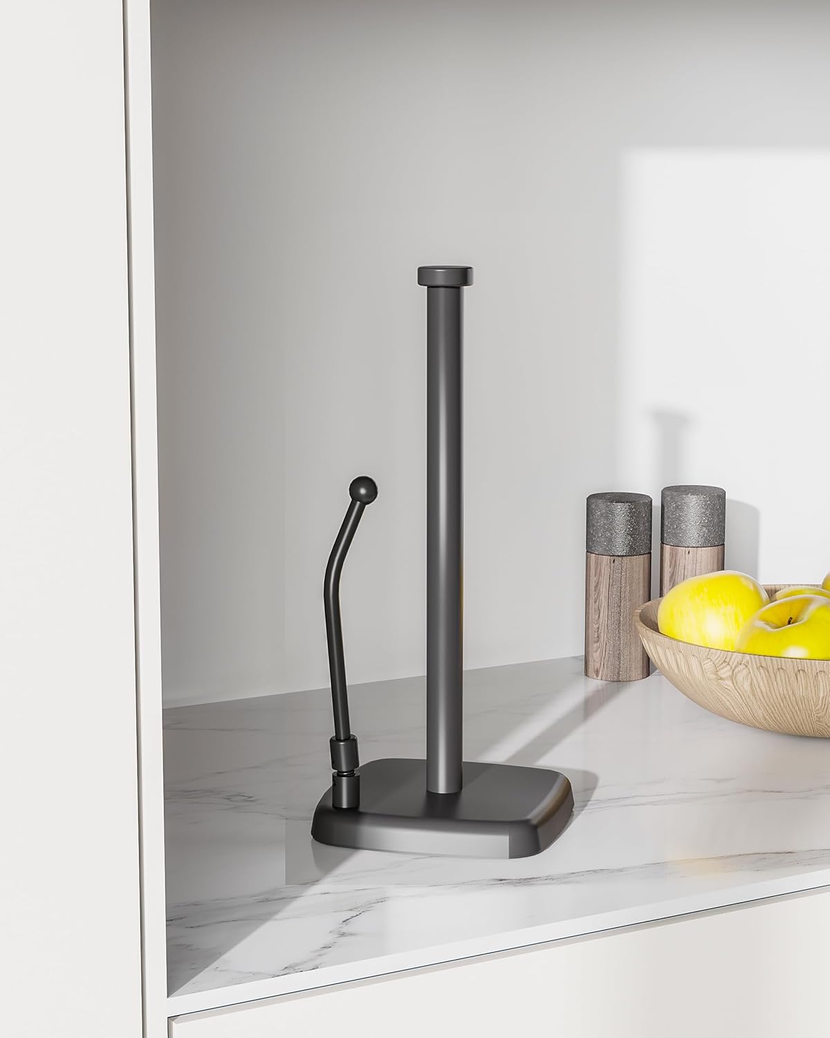 Paper Towel Holder Countertop Black, Paper Towel Dispenser Standing Weighted Base Non-Slip, Spring Arm Fit Most Size Tissue Roll, Stainless Steel Paper Towel for Home Kitchen Tabletop