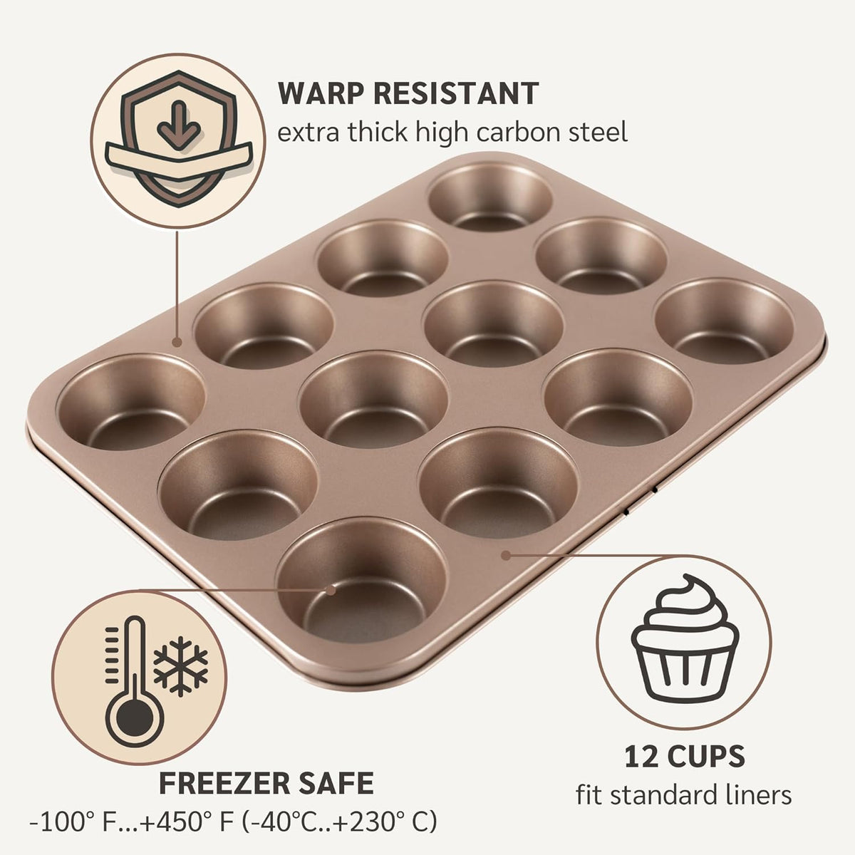 Non Toxic Nonstick 12 Cup Muffin Pan | PFOA BPA free Nontoxic Cupcake Tin | Best Non Stick Muffin Pans | Muffin tins | Cupcakes Tray | Carbon Steel Bakeware Mold Trays