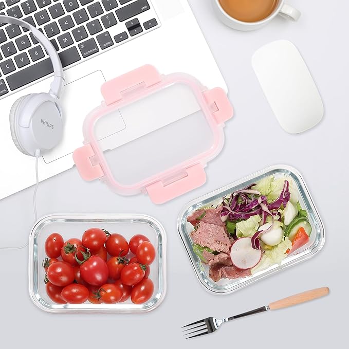 Glass Meal Prep Containers 12-Pack, 22oz Glass Food Storage Containers with Lids, Air-Tight, Leak-Resistant, Freezer to Microwave Safe-Pink Set