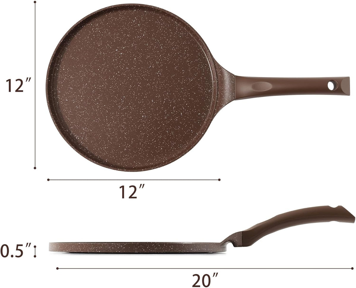 SENSARTE Nonstick Crepe Pan, Swiss Granite Coating Dosa Pan Pancake Flat Skillet Tawa Griddle 12-Inch with Stay-Cool Handle, Induction Compatible (Toffee Brown)
