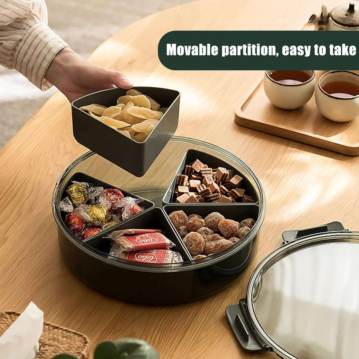 Divided Serving Tray with Lid, Removable Divided Platter Snack Box, Food Storage Charcuterie Containers with 5 Compartments for Christmas Party, Veggies, Snack, Fruit, Nuts, Candy, Cracker, Chip