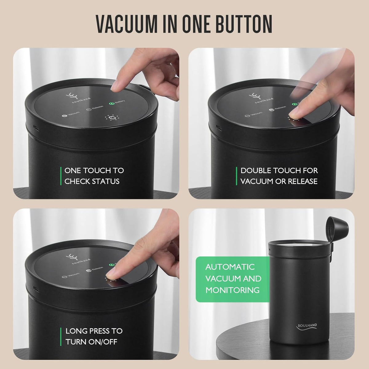 SOUL HAND Vacuum Coffee Canister, Airtight Sealed Coffee Canister Automatic Vacuum Stainless Steel Coffee Containers, Coffee Bean Storage Container for Coffee/Food Storage 1.6 L