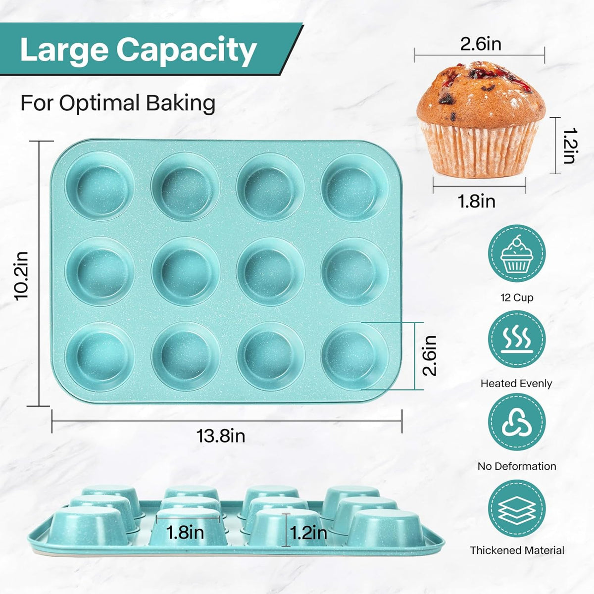 2-Pack Blue 12-Cup Non-Stick Muffin Pan | Healthy Baking | Easy Cleaning Muffin Tin | Durable & Versatile Muffin Cup | Perfect for Mini Cupcakes (Blue)
