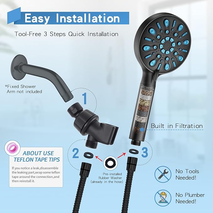 VXV Filtered Shower Head, 8 Modes High Pressure Shower Head with Handheld, 5" Showerhead Built in Power Wash for Clean, Remove Chlorine & Hard Water, with 71" Shower Hose & Shower Bracket(Matte Black)