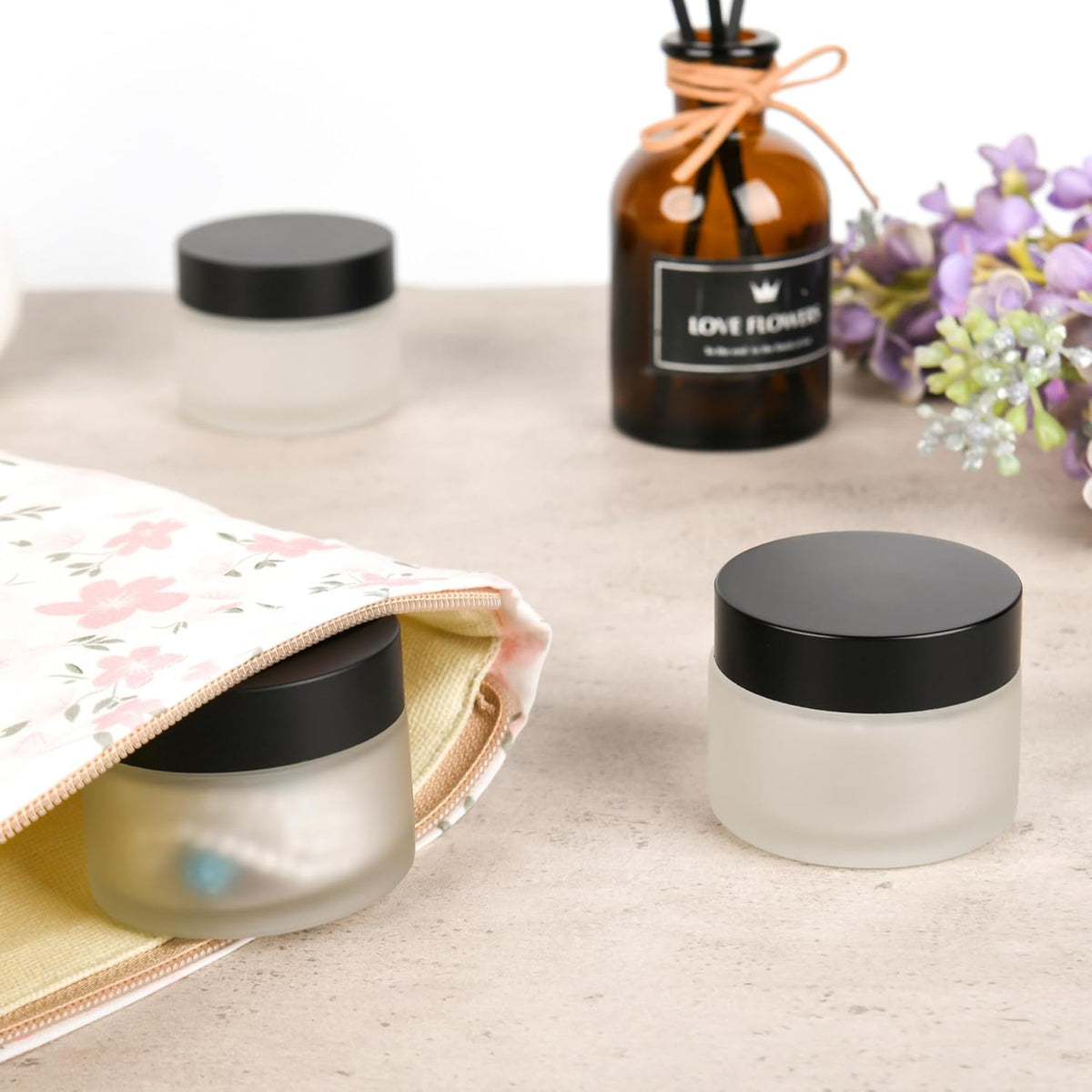 Glass Jars with Lids,Eco-Friendly Cosmetic Containers with Airtight Black Lids & Liners, Multi-Color Options for Cream, Lotion, Body Butter, DIY Skincare Travel Jars (Clear Frosted, 2oz)