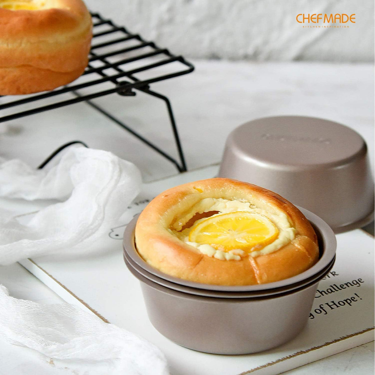 CHEFMADE Mini Cheese Cake Pan Set, 4-Inch 4Pcs Non-Stick Round Cake and Loaf Bakeware for Oven and Instant Pot Baking (Champagne Gold)