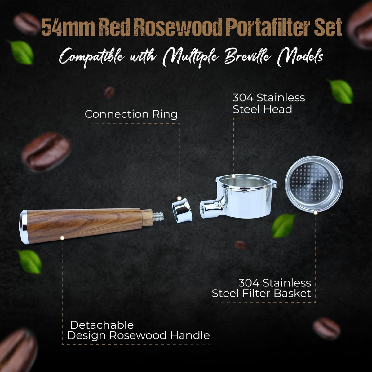 54mm Bottomless Portafilter 3 Ears Red Rosewood Handle Set – Fits 54mm Breville machines – Includes 18g Filter Basket, Updated Tamper with Constant 30lb Calibrated Spring Loaded & 1.7mm Puck Screen