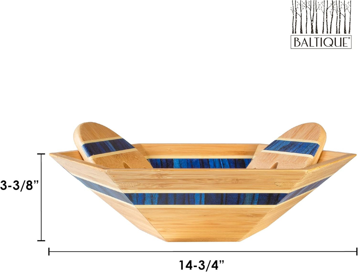 Totally Bamboo Baltique Malta Collection 14" Salad Serving Bowl with Salad Hands, Bamboo and Colored Birch Wood