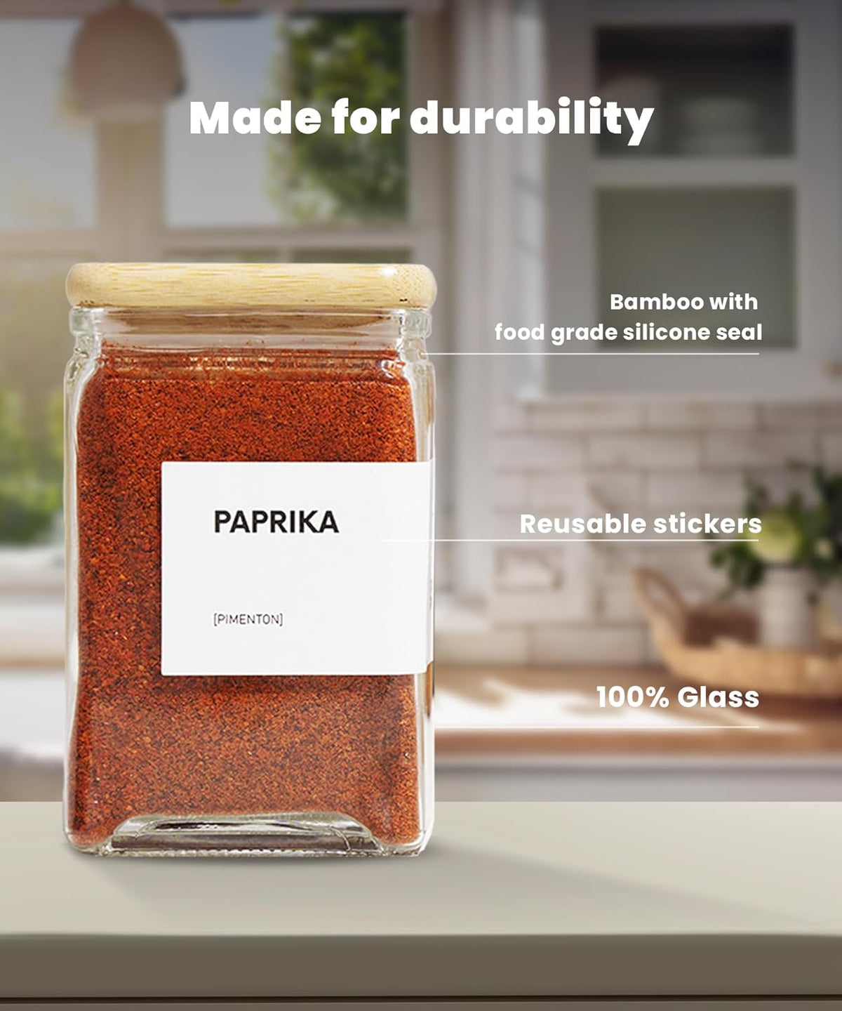 Glass Square Spice Jars with Labels, 4oz Glass Jars with Bamboo Lids, Spice Bottles, Seasoning Organizer, 12 Pack (White)