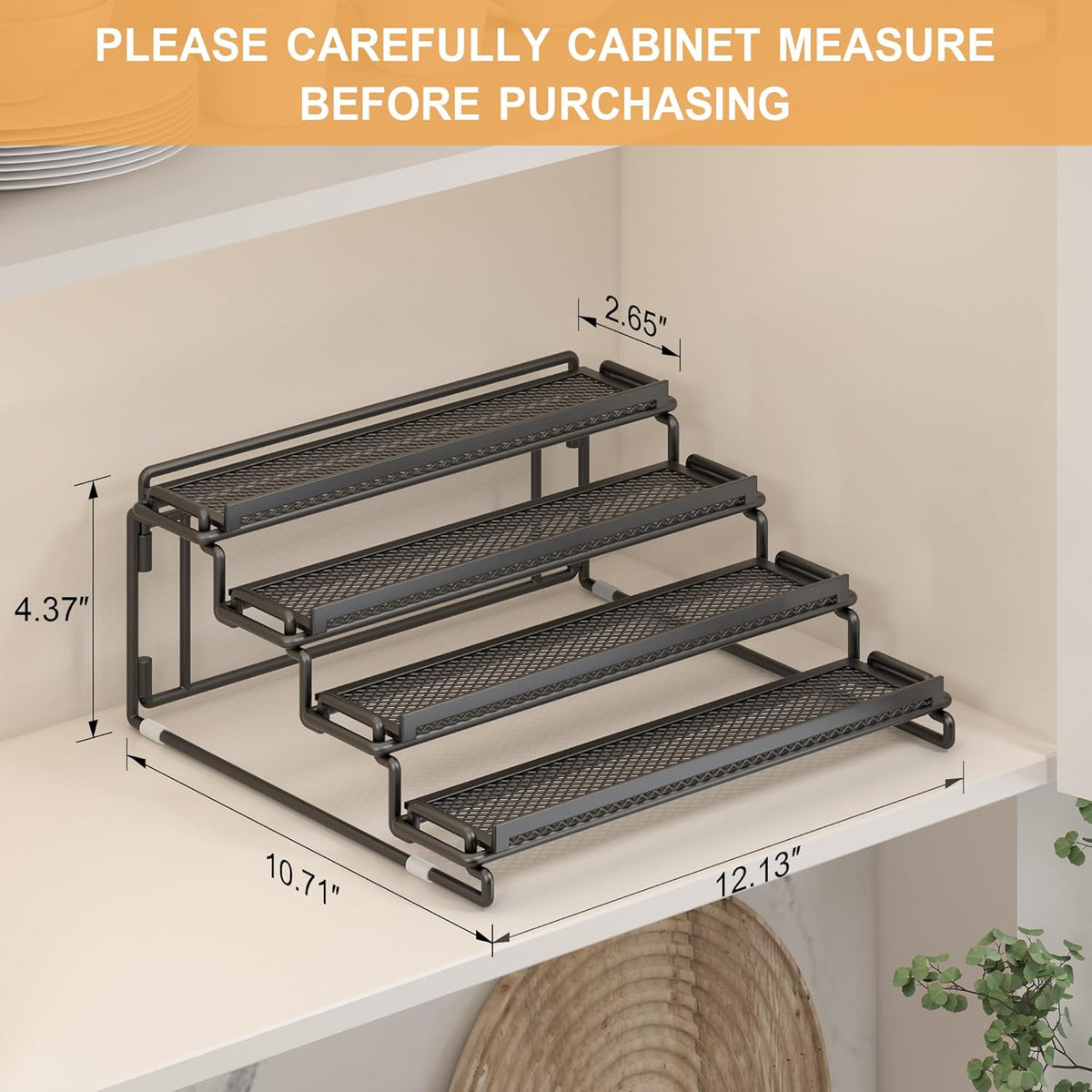 4 Tier Spice Rack Organizer for Cabinet - Black (2 Pack) | Spice Holder Shelf with Protection Railing for Inside Cabinets, Countertop, Pantry Storage & Seasoning Organization