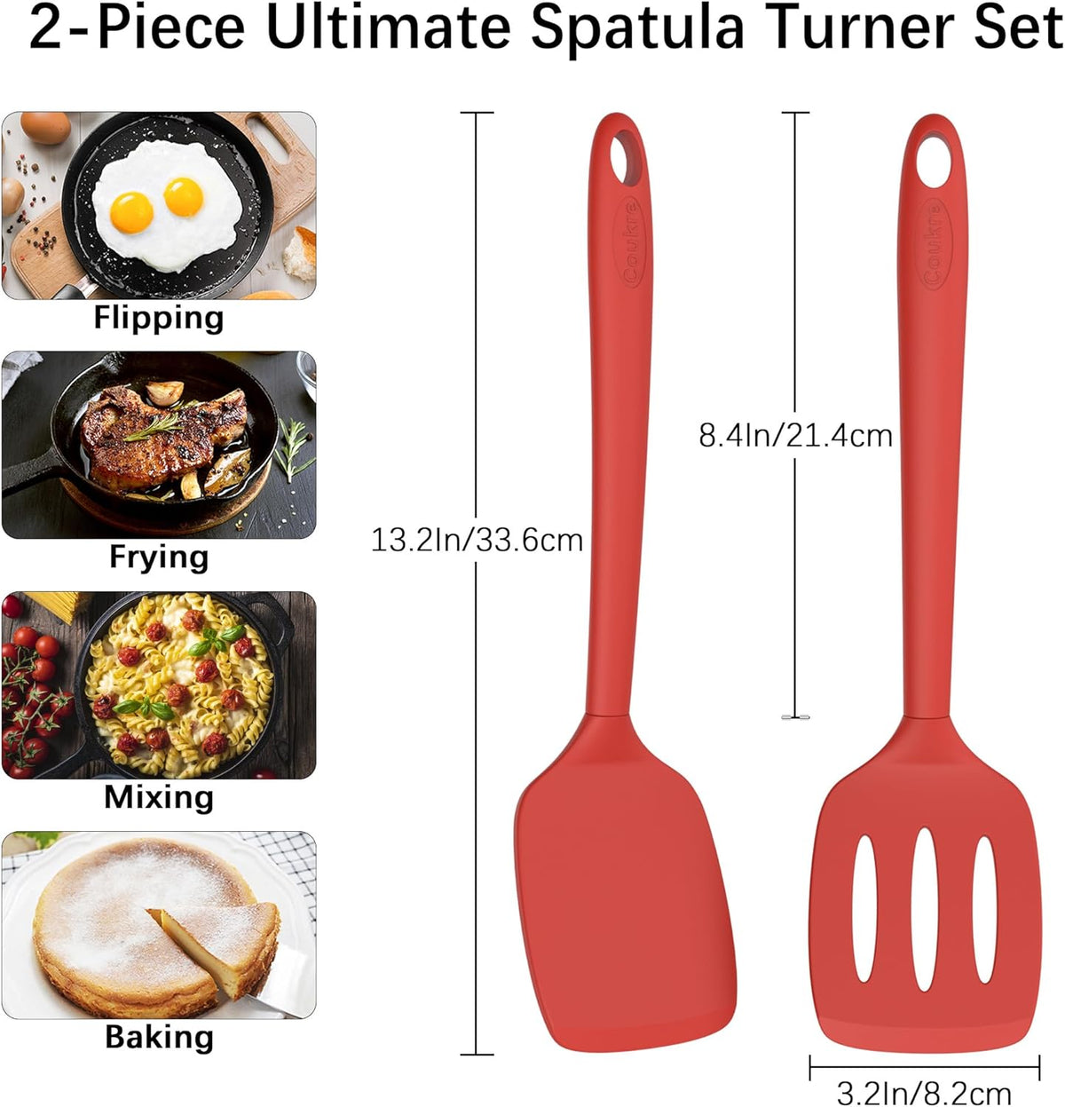 Coukre 2 Pack Silicone Spatula Set, High Heat Resistant, BPA Free Kitchen Spatula, Solid & Slotted Turner for Non-Stick Pans, Sautéing, and Flipping (2, PureRed)